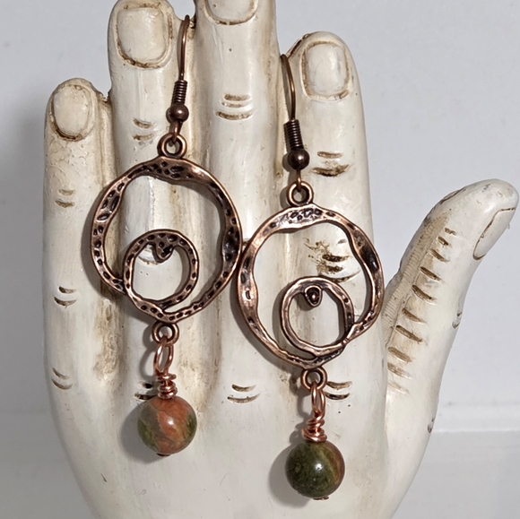 Hand Crafted Jewelry - Boho Unakite earrings,  handcrafted Wrapped Earrings, Modern Drop Earrings,